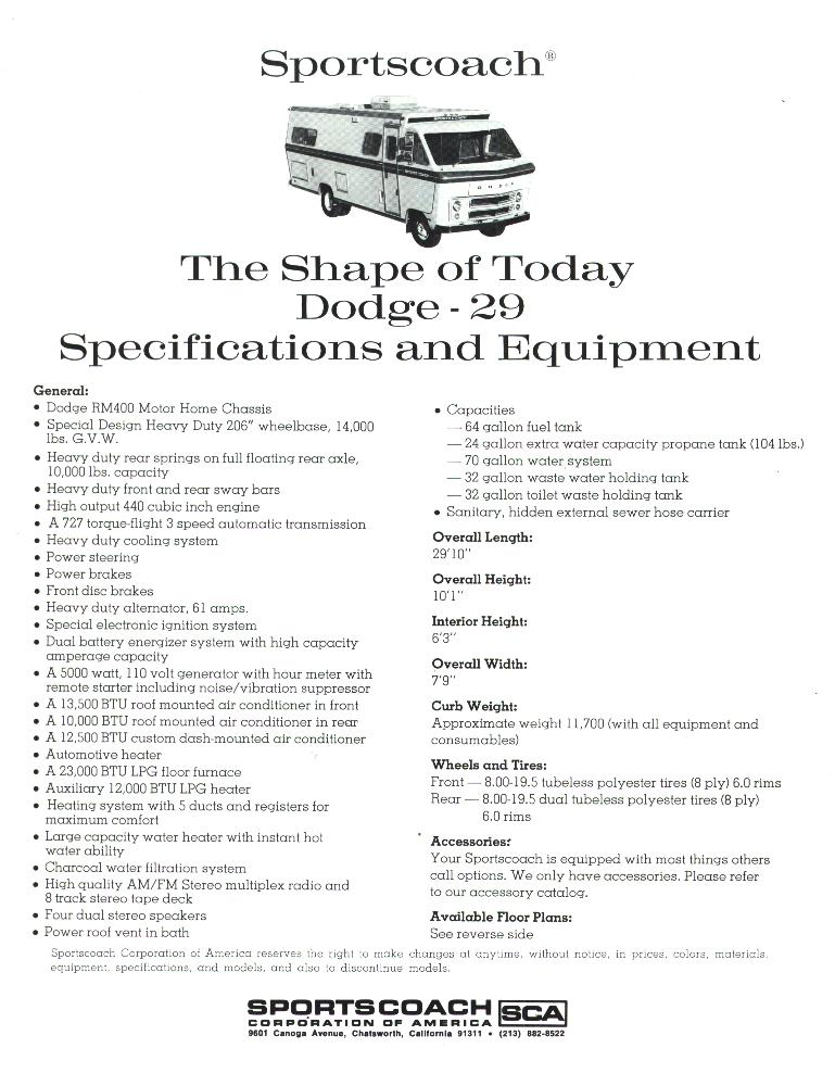 1973 Dodge 29 Specifications - Page 1 of 2