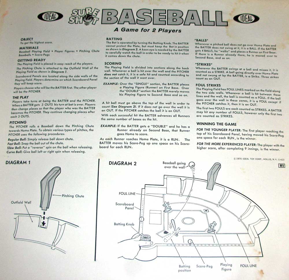 Sure Shot Baseball Game Instructions by Ideal