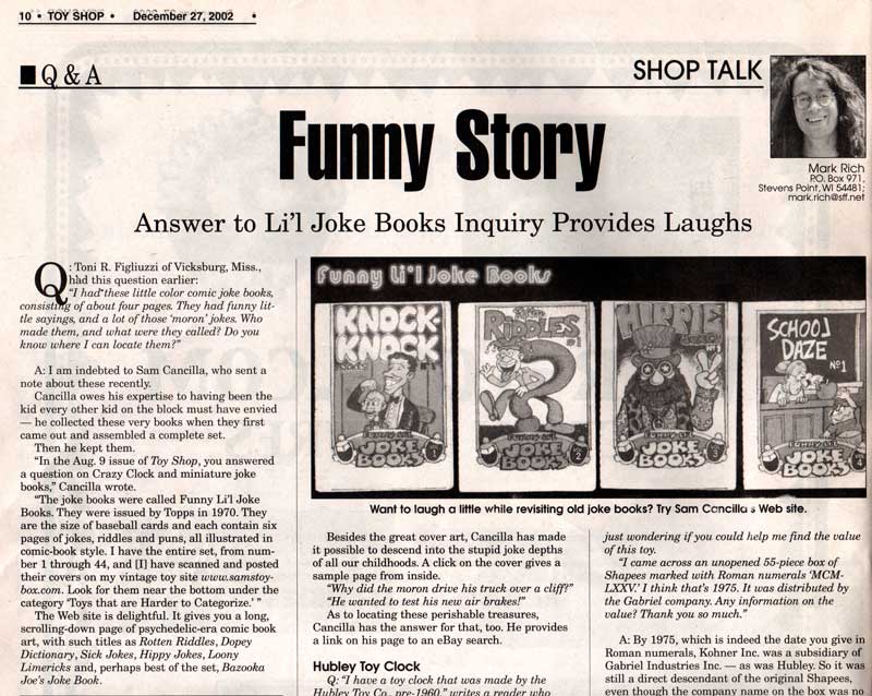 Scan of Toyshop article about Funny Li'l Jokebooks on Sam's Toybox