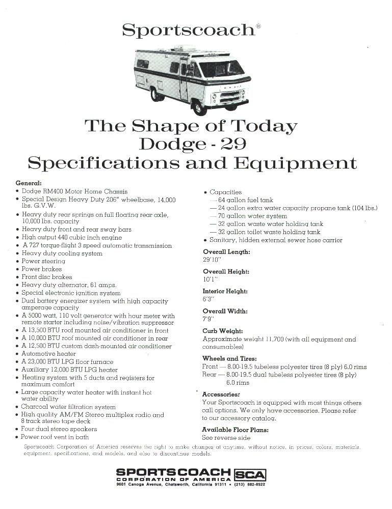 1973 Dodge 29 Specifications - Page 1 of 2