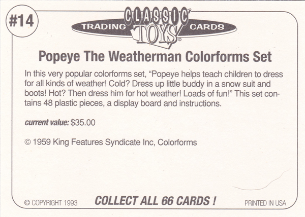 Back of Classic Toy Card number 14